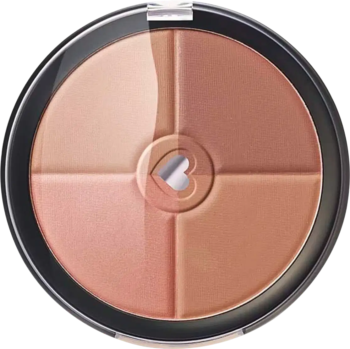 Pó compacto facial multiefeitos Bronze com quatro cores em tons rosados em estojo redondo preto com tampa transparente e coração ilustrado na tampa.