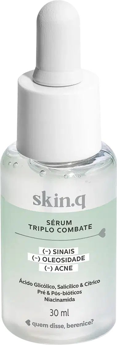 Sérum facial Triplo Combate Skin.q Quem Disse, Berenice? em frasco verde e branco com conta-gotas branco e letras pretas.