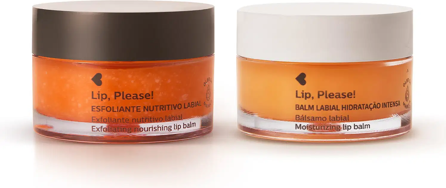 Dois potes da marca Lip, Please! Quem Disse, Berenice?: esfoliante nutritivo com tampa preta e balm labial hidratante com tampa preta, ambos com rótulo laranja e letras pretas.