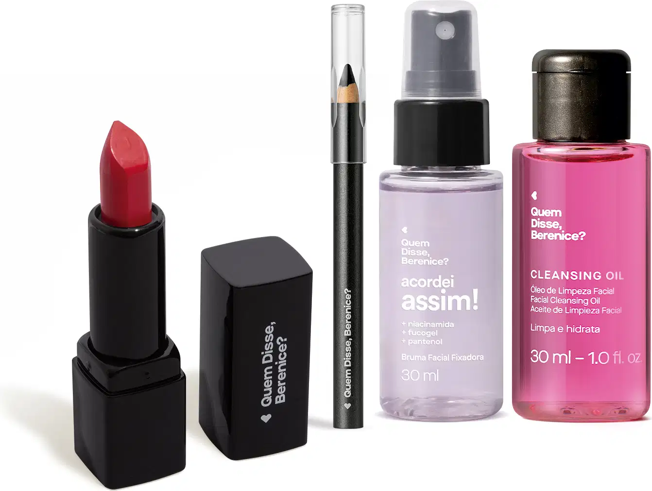 Kit de itens de maquiagem Quem Disse, Berenice? com batom vermelho em embalagem preta, lápis de olho preto, frasco com líquido azulado e válvula spray preta de bruma facial fixadora e frasco de líquido rosa com tampa preta de óleo de limpeza facial.