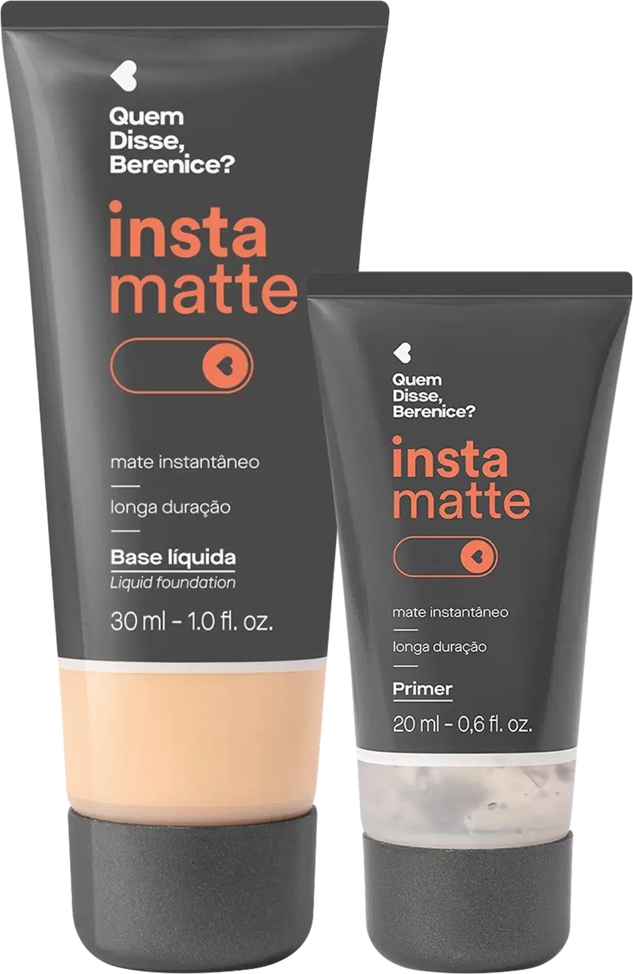 Primer e base líquida cor 110Q em bisnagas pretas com parte mostrando a tonalidade do produto, rótulo de letras brancas e rosas da marca Instamatte Quem Disse, Berenice?.