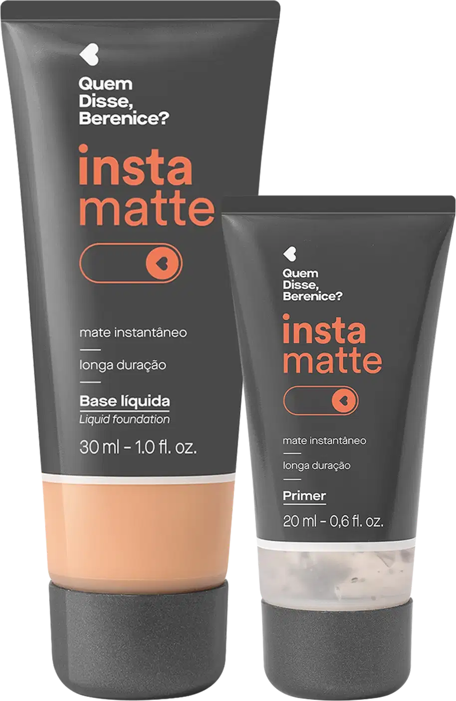 Primer e base líquida cor 185F em bisnagas pretas com parte mostrando a tonalidade do produto, rótulo de letras brancas e rosas da marca Instamatte Quem Disse, Berenice?.
