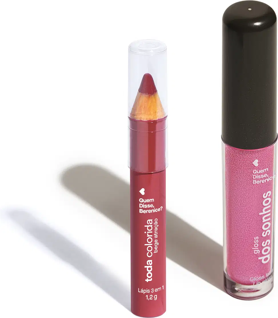 Lápis 3 em 1 Toda Colorida Bege Atração com corpo bege e tampa transparente e gloss labial Gloss dos Sonhos na cor nude com tubo transparente e tampa preta.