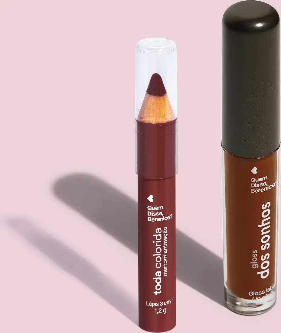 Lápis 3 em 1 Toda Colorida Marrom Animação com corpo marrom e tampa transparente e gloss labial Gloss dos Sonhos na cor marrom com tubo transparente e tampa preta em fundo lilás.