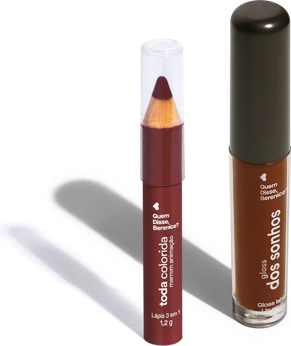 Lápis 3 em 1 Toda Colorida Marrom Animação com corpo marrom e tampa transparente e gloss labial Gloss dos Sonhos na cor marrom com tubo transparente e tampa preta.