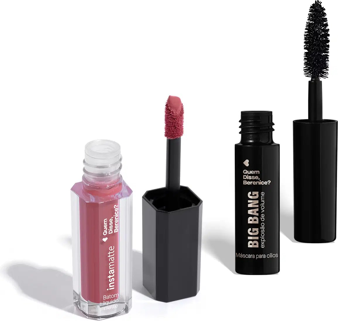 Dois produtos em miniatura da marca Quem Disse, Berenice?: frasco transparente com conteúdo rosa e tampa preta com aplicador rosa de batom líquido Instamatte e máscara de cílios preta com embalagem e aplicador pretos Big Bang.