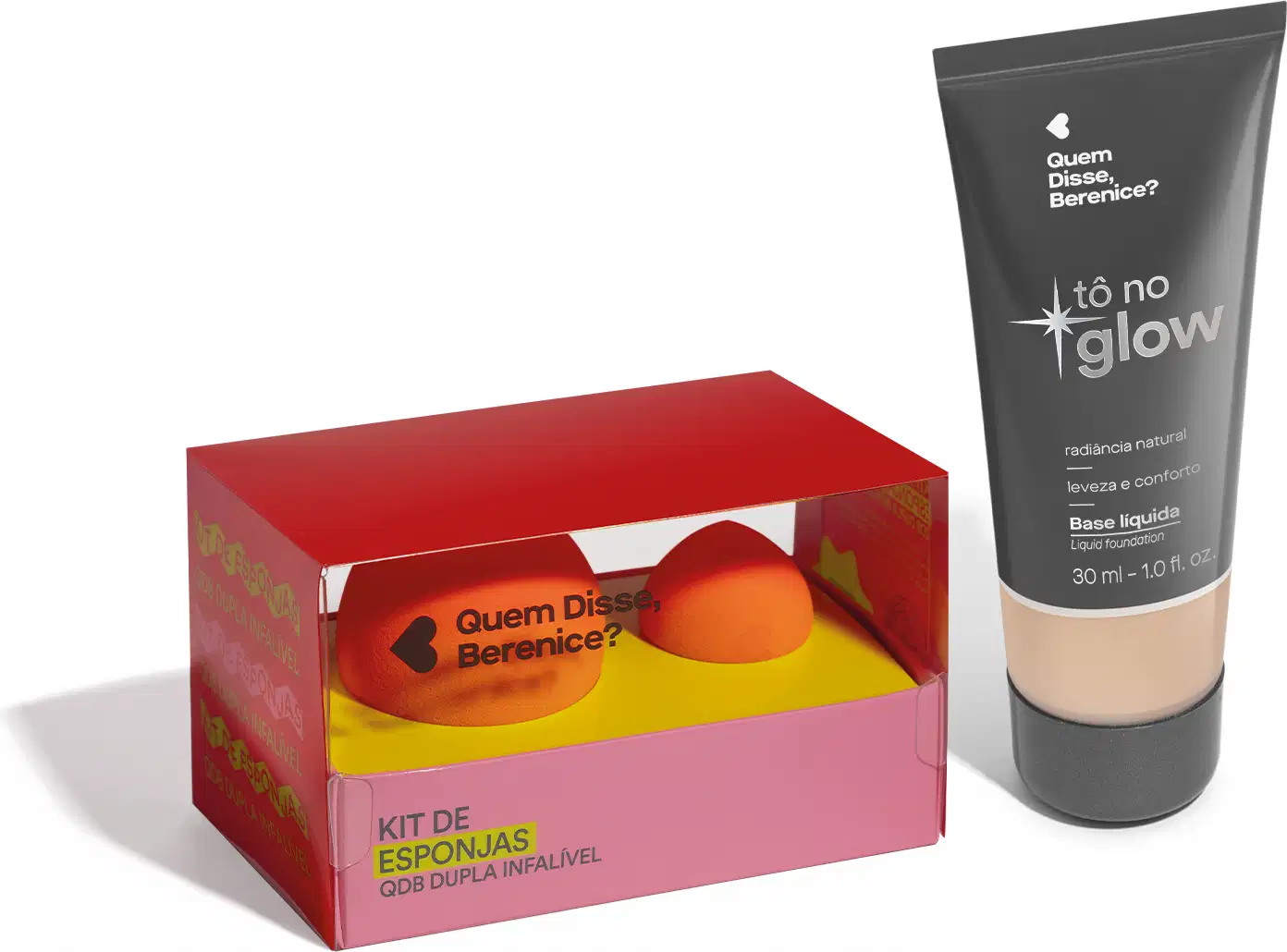 Kit com duas esponjas e base líquida.
