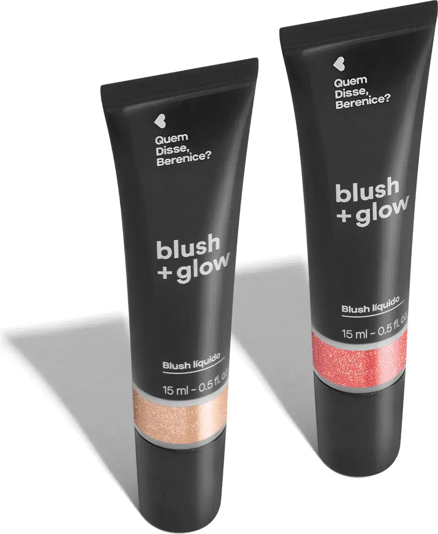 Imagem de duas bisnagas de blush líquido Blush +Glow:, sendo o Rosalix na cor rosa e o Perolali na cor prata. As embalagens são pretas com parte transparente, mostrando a tonalidade do produto e rótulo com letras brancas. O fundo é branco com sombreado.