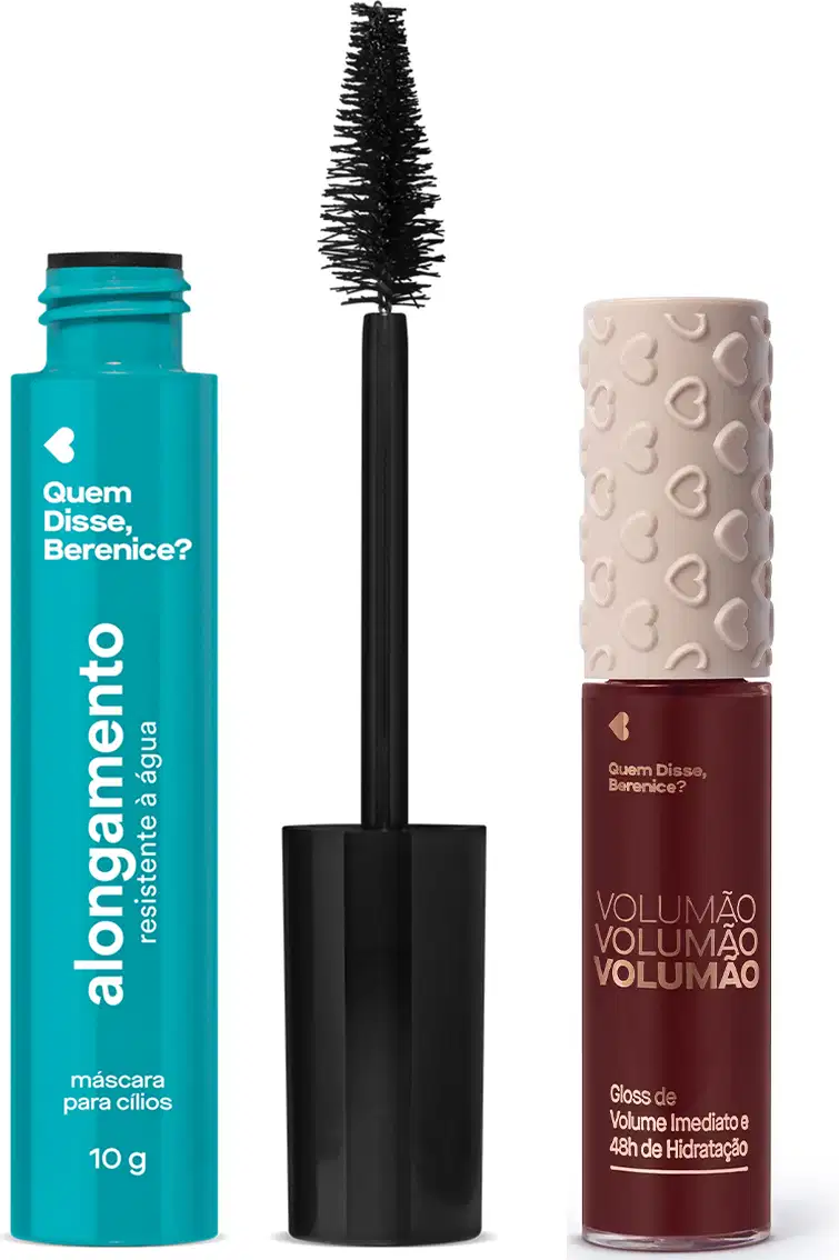 Três itens da marca Quem Disse, Berenice?: máscara de cílios preta resistente à água em frasco azul-turquesa e tampa com aplicador de cerdas e gloss  labial Cereja Volumão em embalagem transparente mostrando a cor do produto e tampa texturizada branca.