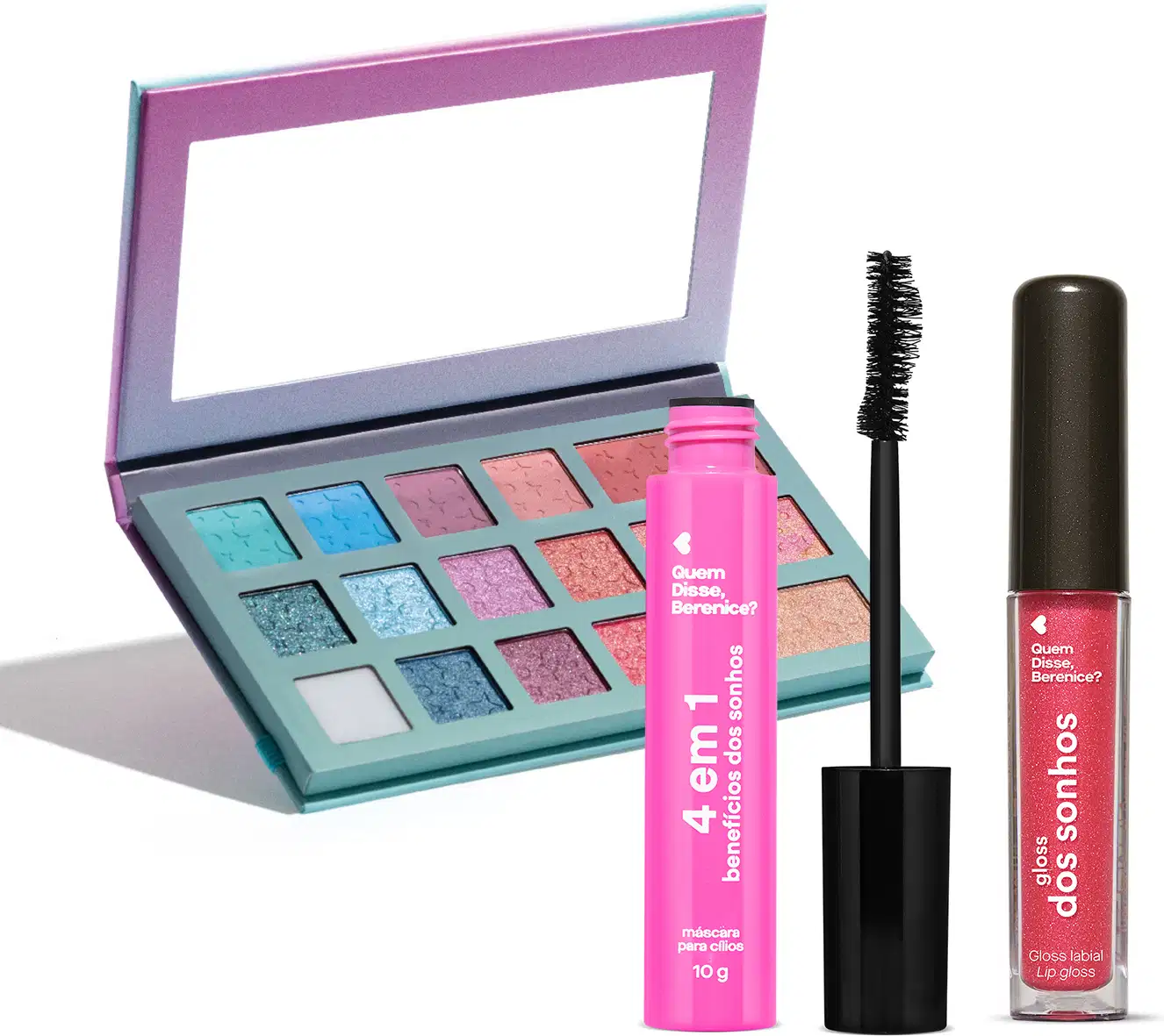 Paleta multifuncional coloridas em estojo azul com espelho, máscara de cílios 4 em 1 preta em embalagem lilás com letras brancas e aplicador preto com cerdas, e gloss labial rosa com tampa preta, todos da marca Quem Disse, Berenice? dos sonhos.