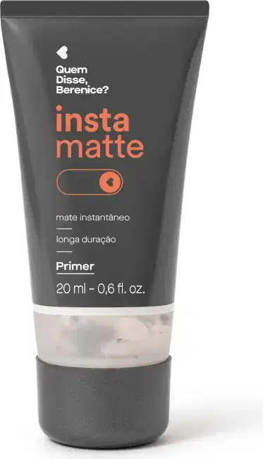 Frasco de 20ml de primer da marca Insta Matte Quem Disse, Berenice? em embalagem preta com tampa laranja e letras brancas e laranja.
