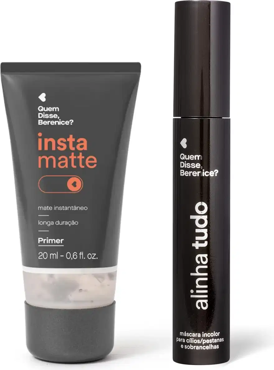 Dois itens de maquiagem da marca Quem Disse, Berenice?: um primer mate instantâneo de longa duração em tubo preto e uma máscara incolor para cílios e sobrancelhas em embalagem preta.