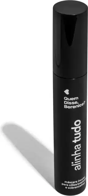 Frasco preto cilíndrico de máscara para cílios e sobrancelhas incolor da marca Alinha Tudo Quem Disse, Berenice?, com rótulo branco contendo o nome da marca. A embalagem conta com 12g do produto.