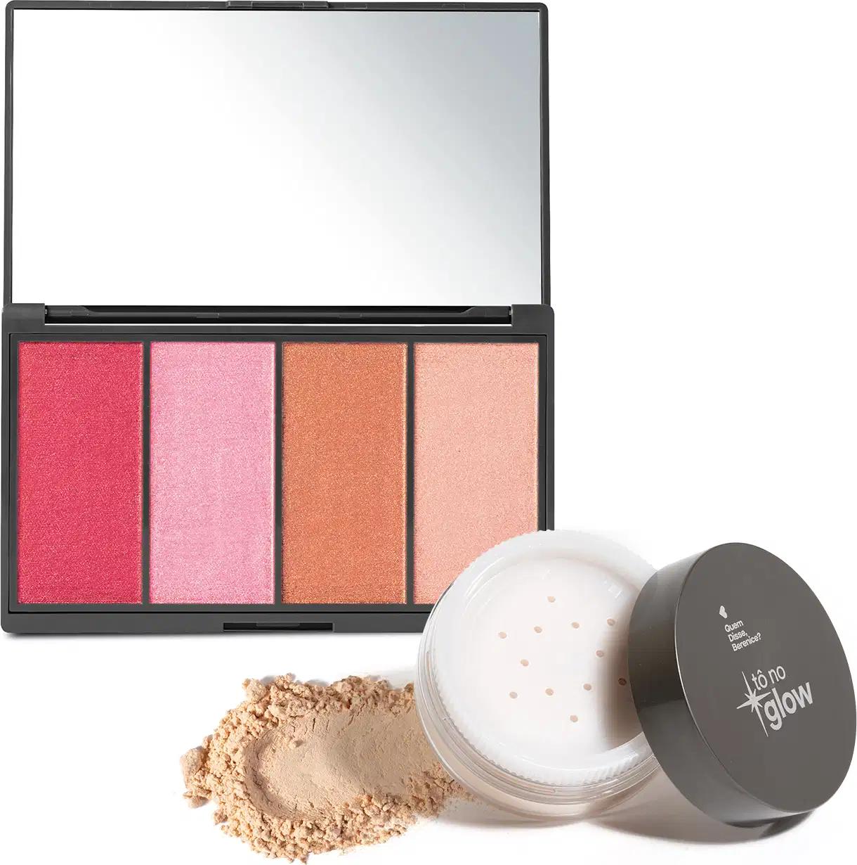 Combo contendo paleta de maquiagem multifuncional em embalagem preta retangular com quatro produtos em pó compacto em tons de rosa, laranja e pêssego e espelho na tampa. Acompanha embalagem redonda de pó solto bege e logotipo Tô no Glow na tampa.