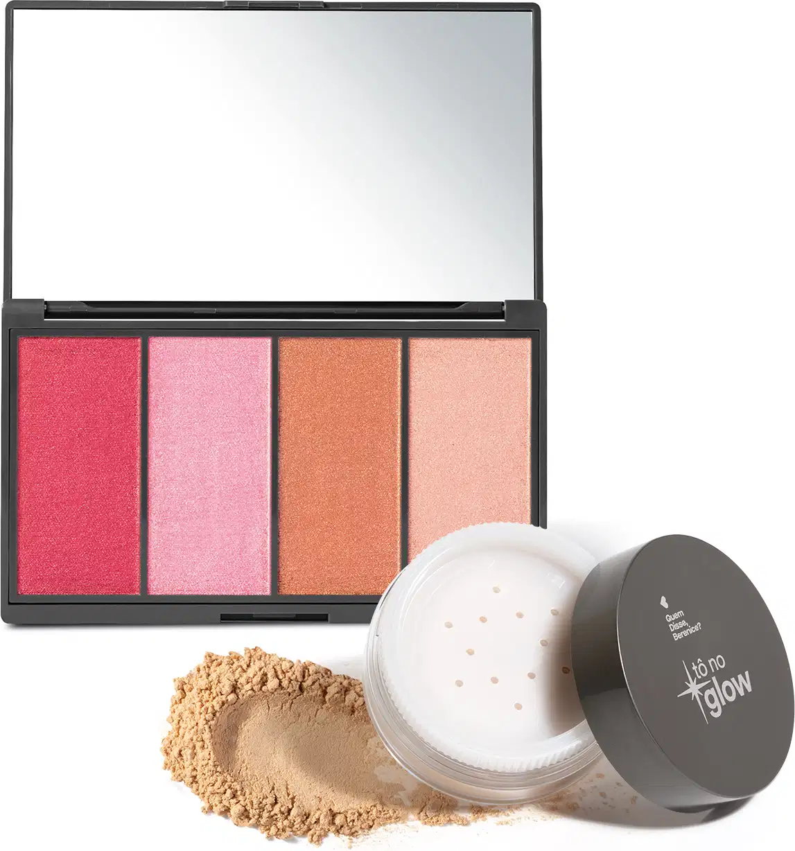 Combo contendo paleta de maquiagem multifuncional em embalagem preta retangular com quatro produtos em pó compacto em tons de rosa, laranja e pêssego e espelho na tampa. Acompanha embalagem redonda de pó solto bege e logotipo Tô no Glow na tampa.