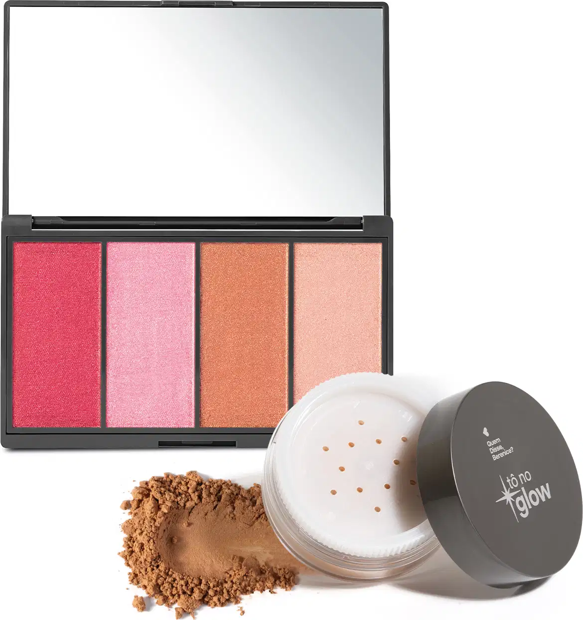 Combo contendo paleta de maquiagem multifuncional em embalagem preta retangular com quatro produtos em pó compacto em tons de rosa, laranja e pêssego e espelho na tampa. Acompanha embalagem redonda de pó solto marrom claro e logotipo Tô no Glow na tampa.
