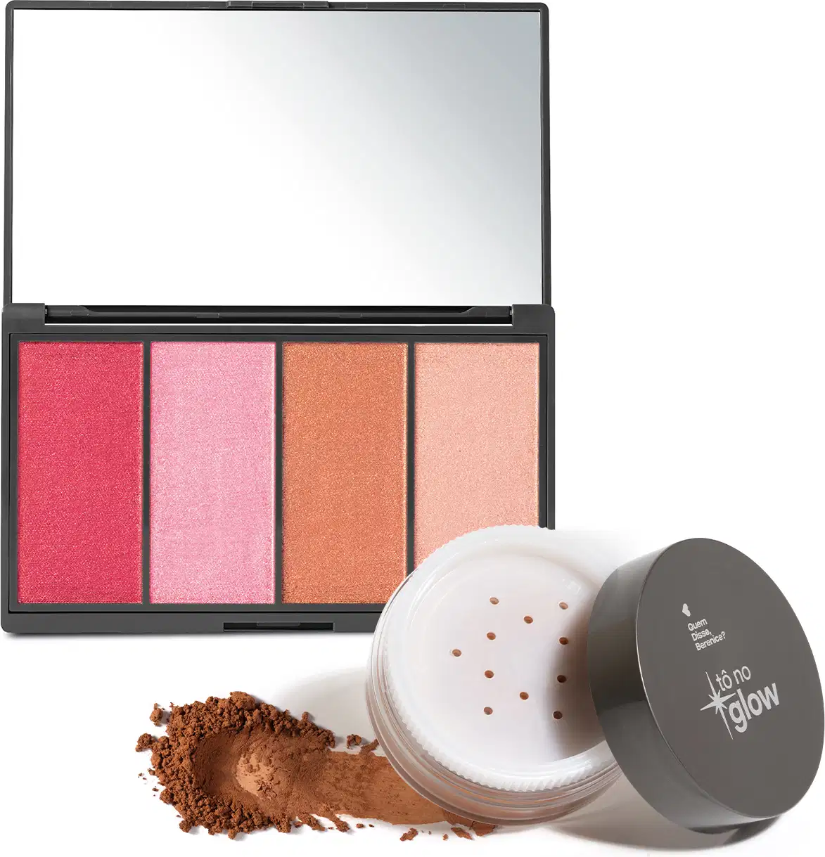 Combo contendo paleta de maquiagem multifuncional em embalagem preta retangular com quatro produtos em pó compacto em tons de rosa, laranja e pêssego e espelho na tampa. Acompanha embalagem redonda de pó solto acobreado com logotipo Tô no Glow na tampa.