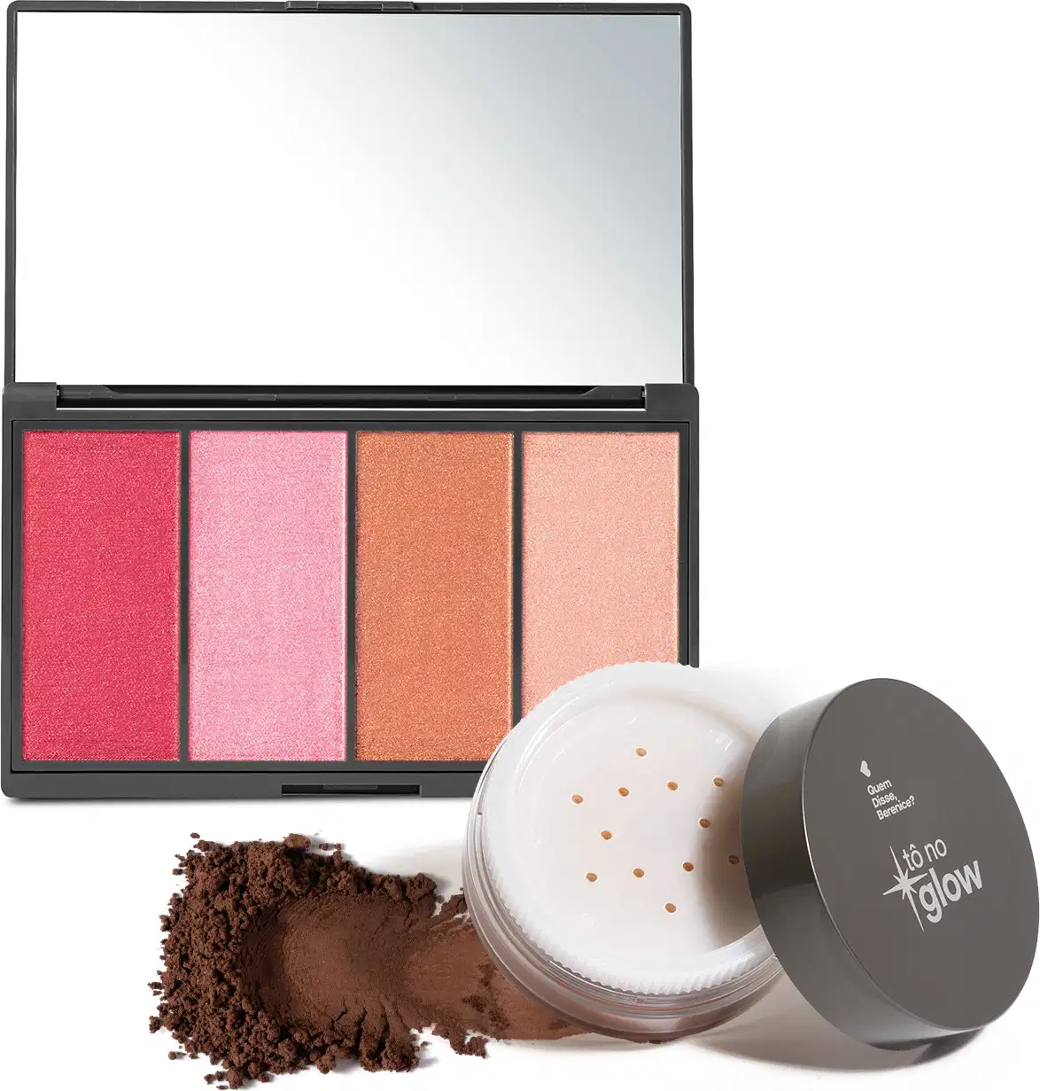 Combo contendo paleta de maquiagem multifuncional em embalagem preta retangular com quatro produtos em pó compacto em tons de rosa, laranja e pêssego e espelho na tampa. Acompanha embalagem redonda de pó solto escuro com logotipo Tô no Glow na tampa.