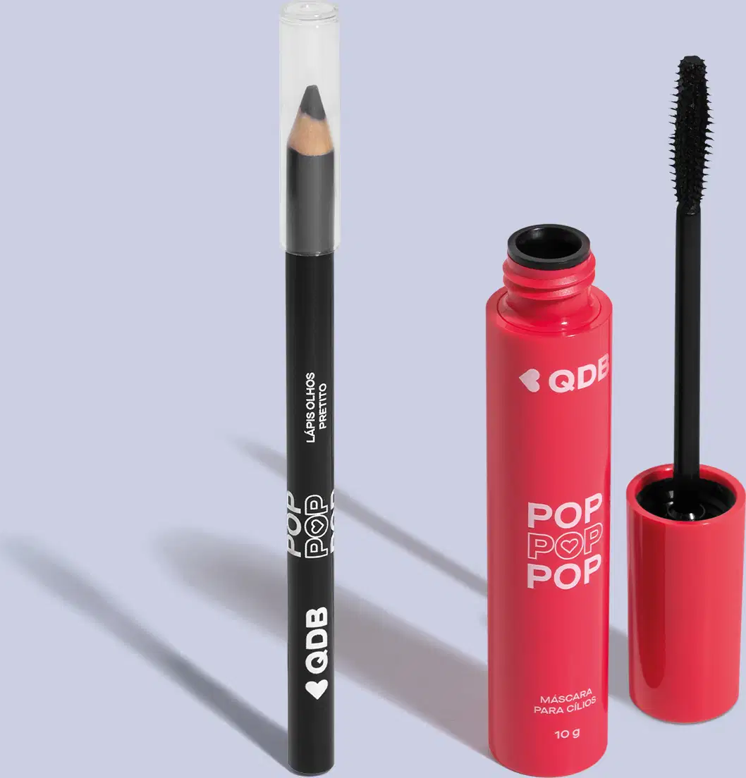 Imagem de dois produtos da marca POP Quem Disse, Berenice? contendo um lápis para olhos na cor preta com tampa transparente e uma máscara de cílios em tubo rosa com aplicador preto. O fundo da imagem é cinza com sombreado.