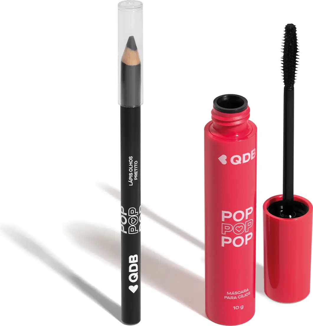Imagem de dois produtos da marca POP Quem Disse, Berenice? contendo um lápis para olhos na cor preta com tampa transparente e uma máscara de cílios em tubo rosa com aplicador preto. O fundo da imagem é branco com sombreado.