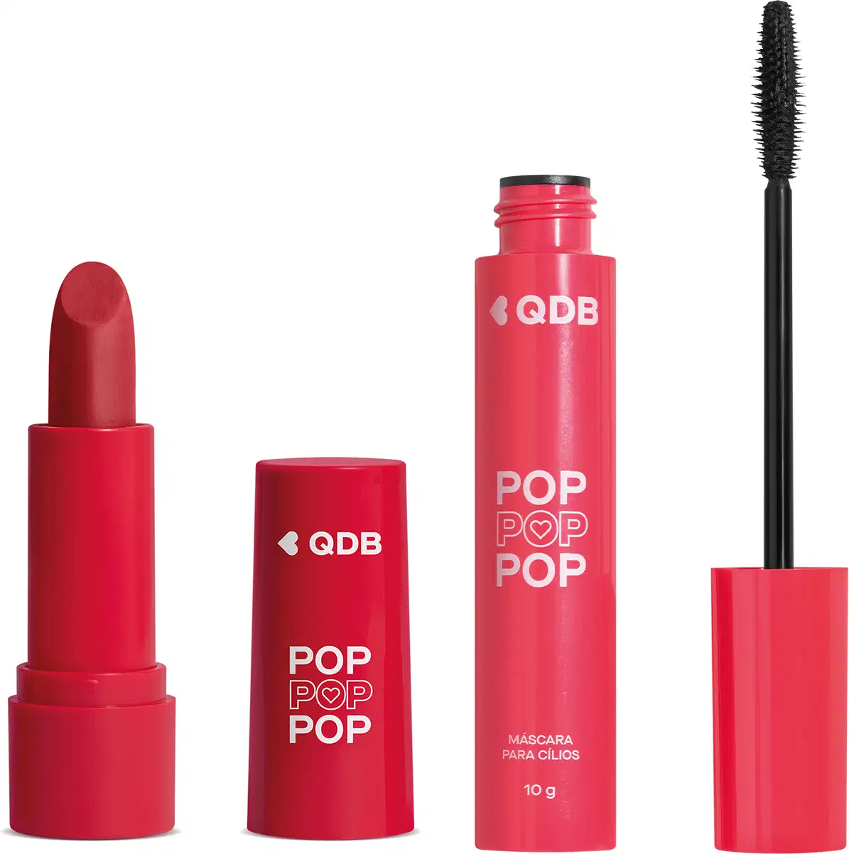 Imagem de dois produtos da marca POP Quem Disse, Berenice? contendo um batom cremoso em embalagem rosa na cor Rosa Radiante e uma máscara de cílios em tubo rosa com aplicador preto. 