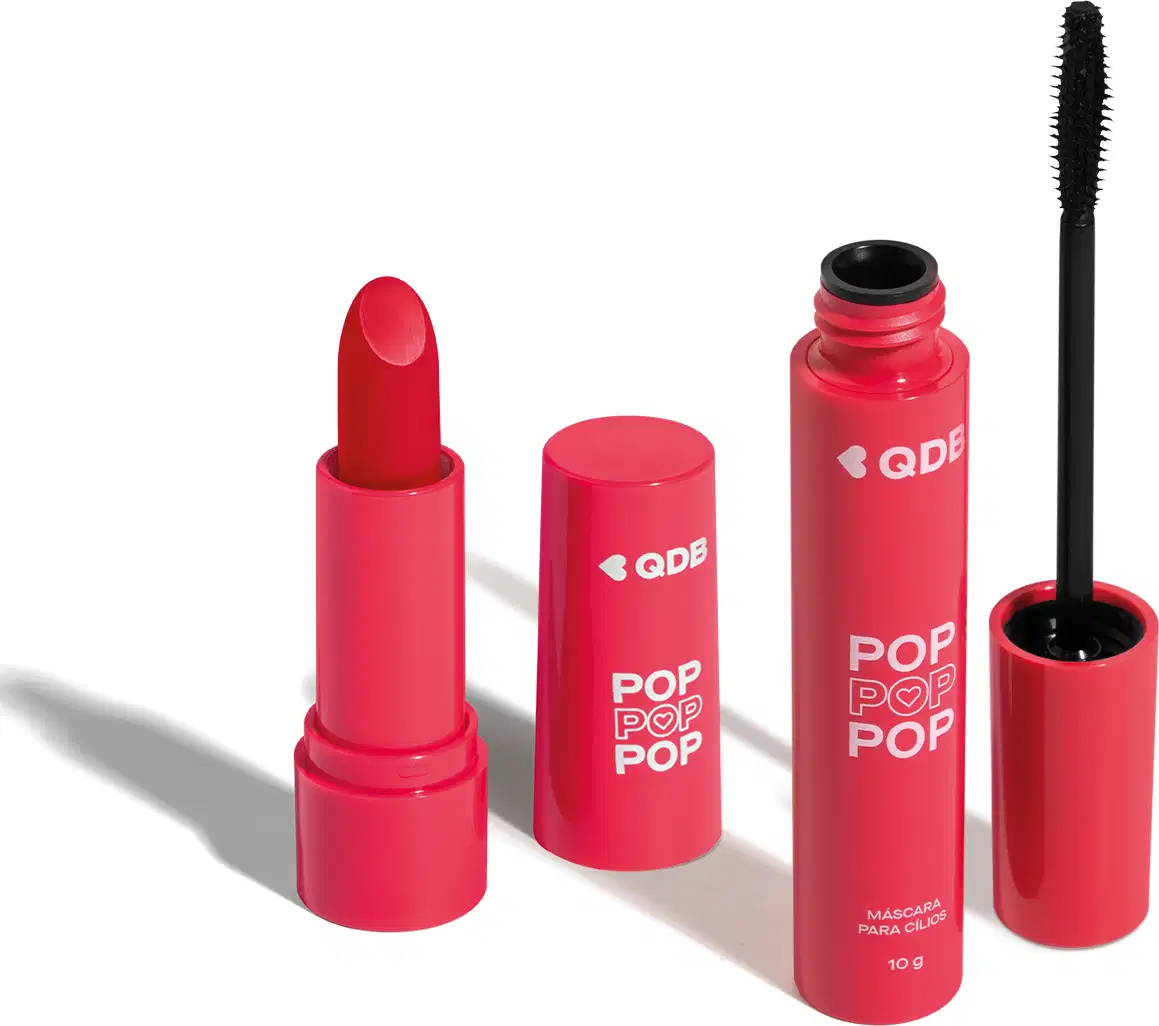 Imagem de dois produtos da marca POP Quem Disse, Berenice? contendo um batom semi matte em embalagem rosa na cor Vermelho Icônico e uma máscara de cílios em tubo rosa com aplicador preto. O fundo da imagem é branco com sombreado.