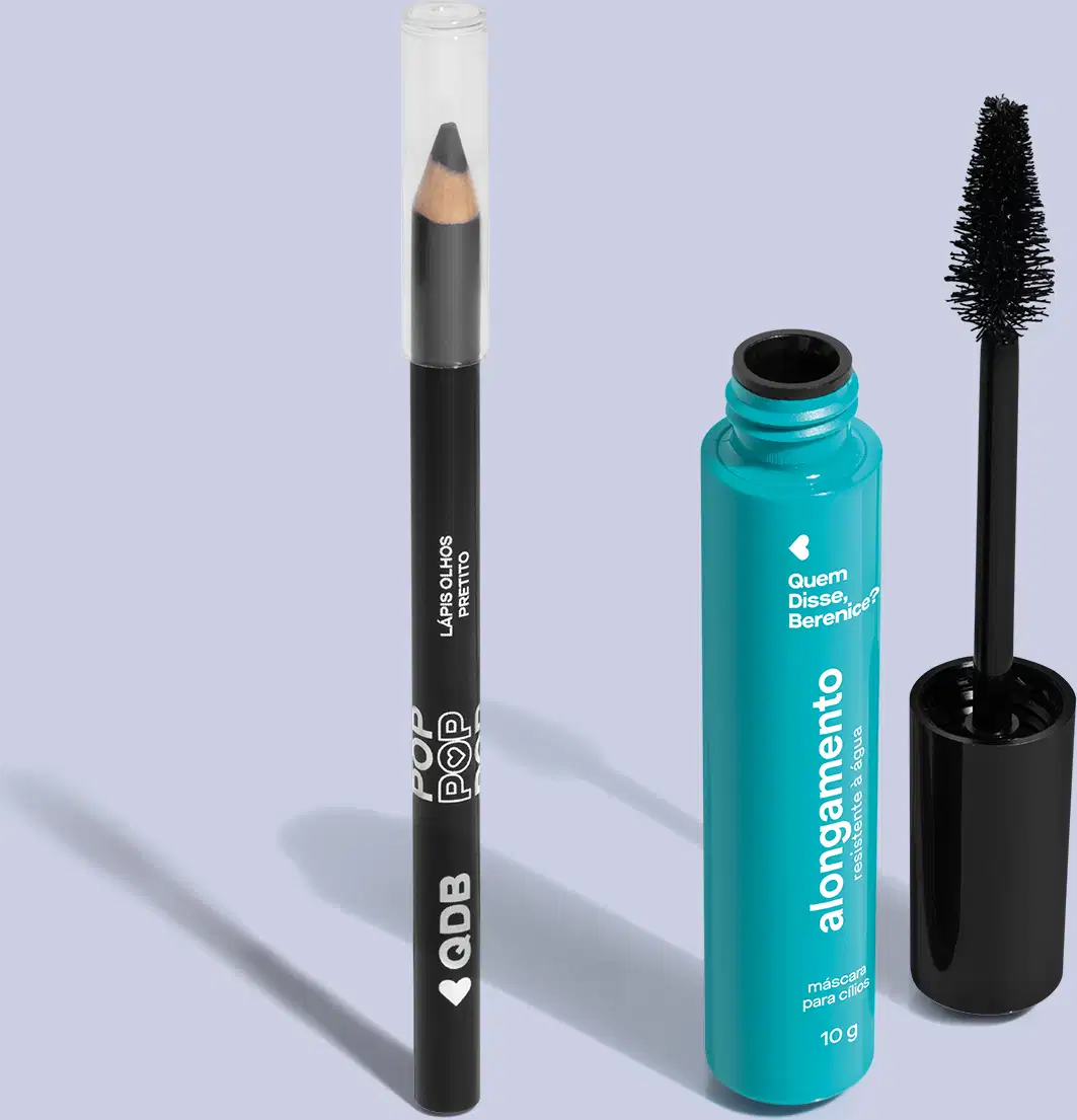 Imagem do Combo Quem Disse, Berenice? com Máscara de Cílios Resistente è Água e Lápis Preto Para Olhos. O lápis tem corpo e ponta preta om tampa transparente e a máscara possui embalagem azul com tampa e aplicador pretos. O fundo é cinza claro com sombra.