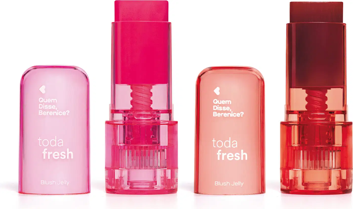 Imagem do Combo Toda Fresh Quem Disse, Berenice? contendo dois frascos de Blush Jelly, um na cor bordô e outro na cor rosa. As embalagens são transparentes e a tampa é na mesma tonalidade do blush.