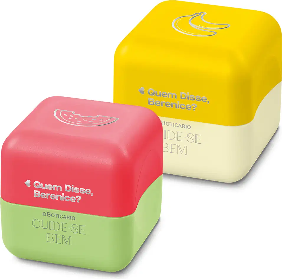 Dois cubos coloridos de produtos de beleza da marca Cuide-se Bem, com textos em português indicando "Quem disse, Berenice?". O cubo amarelo possui um símbolo de banana, enquanto o cubo verde e rosa possui um símbolo de melancia.