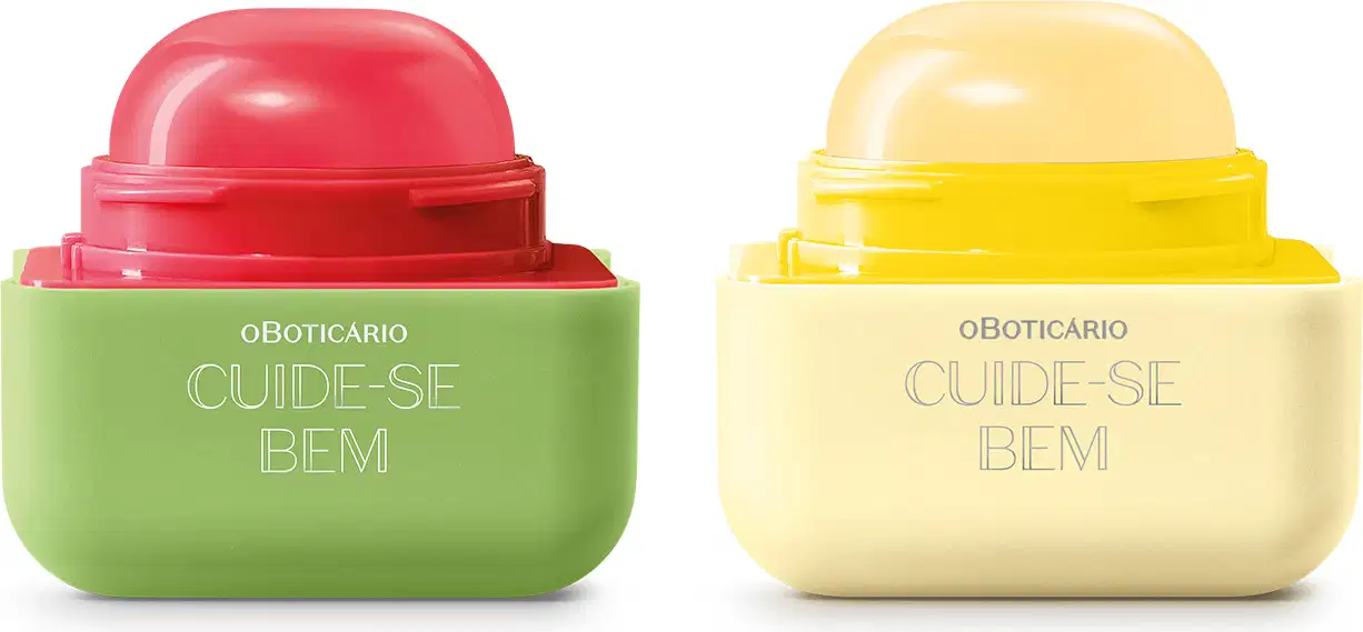 Imagem de duas embalagens de balm labial da marca Cuide-se Bem Feira Quem Disse, Berenice?, uma na cor verde com tampa rosa e sabor de melancia  e outra na cor branca com tampa amarela e sabor de banana.