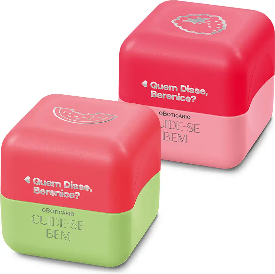Duas caixas quadradas de produtos da marca Quem Disse, Berenice?, com cores rosa e verde, exibindo o texto "Quem Disse, Berenice?" e o nome do produto "Cuide-se Bem" em suas embalagens.