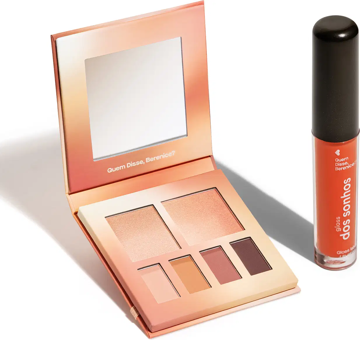 Paleta de sombras e gloss labial da marca Quem Disse, Berenice? em embalagem de tons rosados e detalhes em preto. A paleta contém diferentes tons de sombras neutras e o gloss possui acabamento brilhante.