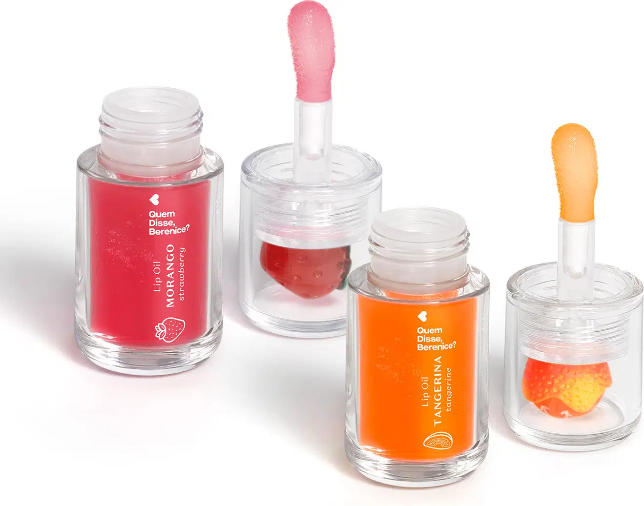 Frascos de vidro contendo batons e ólios labiais da marca Quem Disse, Berenice? em cores rosa e laranja, com rótulos indicando os nomes dos produtos.