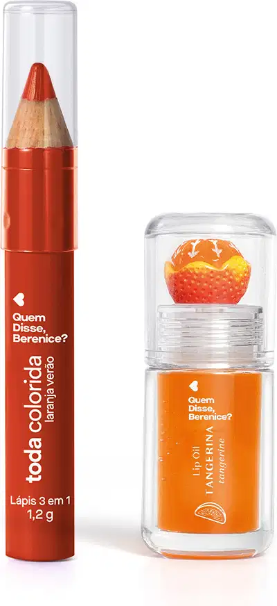 Imagem do Combo Coral Quem Disse, Berenice? que conta com Lip Oil Cuide-se Bem Tangerina e Lápis Multifuncional Toda Colorida. O óleo labial tem uma embalagem transparente com uma pequena tangerina decorando a tampa. Os produtos possuem tons alaranjados.
