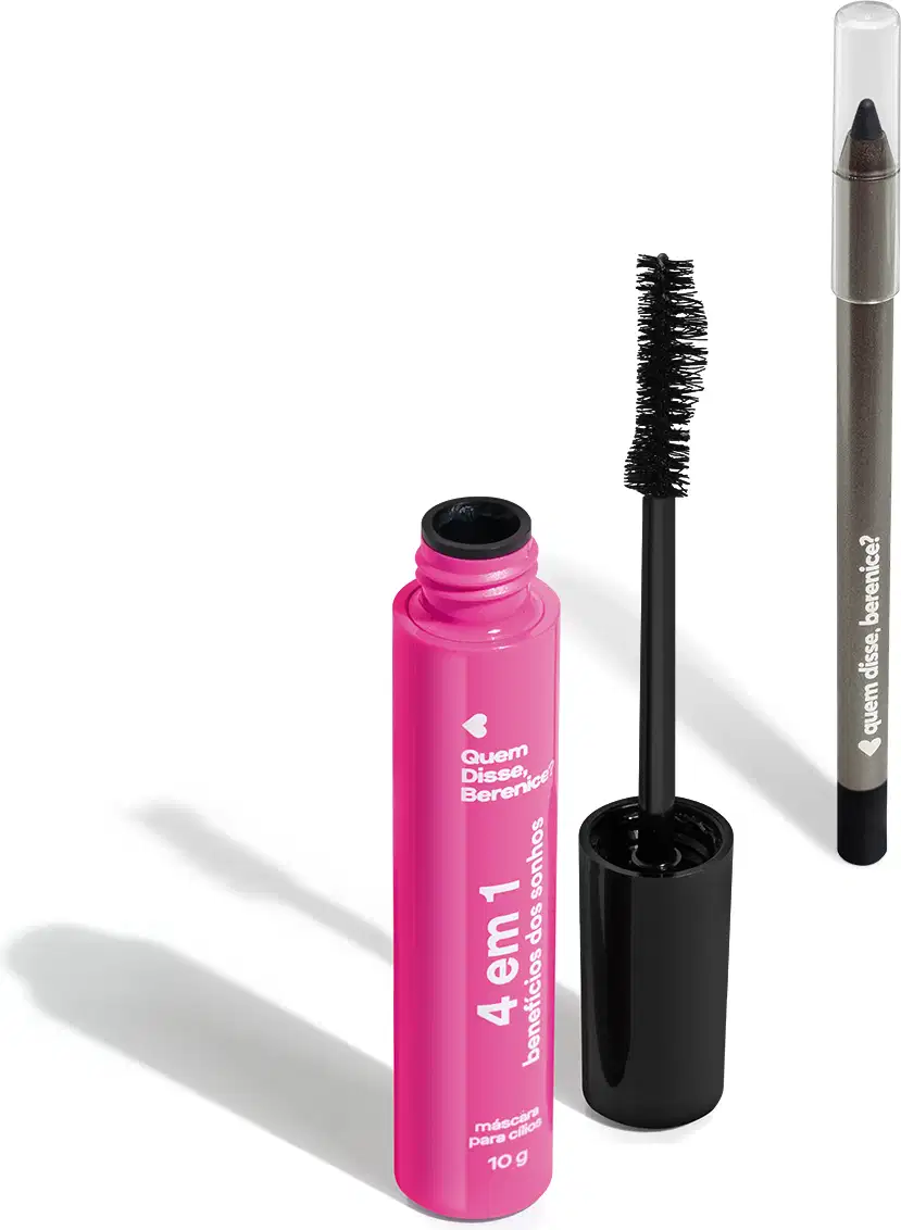 Embalagem rosa com rótulo "Quem Disse, Berenice?" contendo um rímel preto com escova, e um lápis de olho preto com ponta fina, ambos produtos da marca Quem Disse, Berenice?.