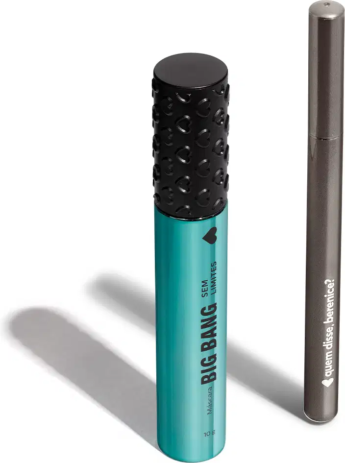 Dois produtos de beleza da marca Quem Disse, Berenice?: um rímel preto com textura aveludada em embalagem verde e um lápis de olhos cinza em embalagem metálica.