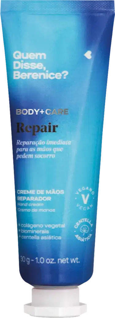 Bisnaga azul com letras brancas e pretas contendo 30g de creme reparador para as mãos da marca Repair Quem Disse, Berenice?.