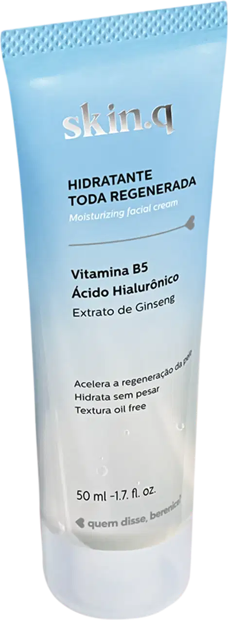 Bisnaga azul com tampa branca e letras prateadas e pretas contendo 50ml de creme hidratante facial Skin.q Toda Regenerada da marca Quem Disse, Berenice?.