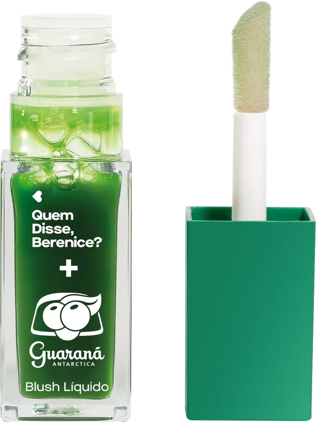 Blush líquido em embalagem transparente, tampa verde, haste branca e aplicador verde claro da marca Guaraná Antarctica Quem Disse, Berenice?.