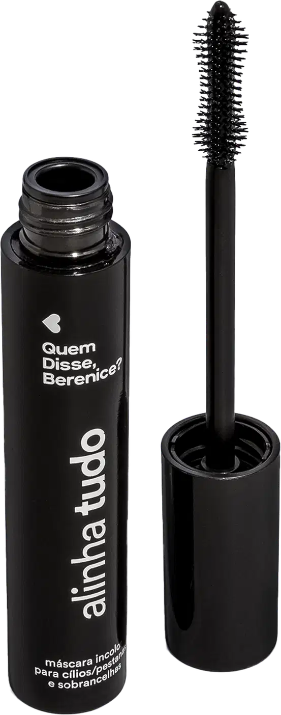 Máscara para cílios e sobrancelhas Alinha Tudo Incolor da marca Quem Disse, Berenice? em tubo, tampa, haste e escova aplicadora pretos e letras brancas no rótulo.