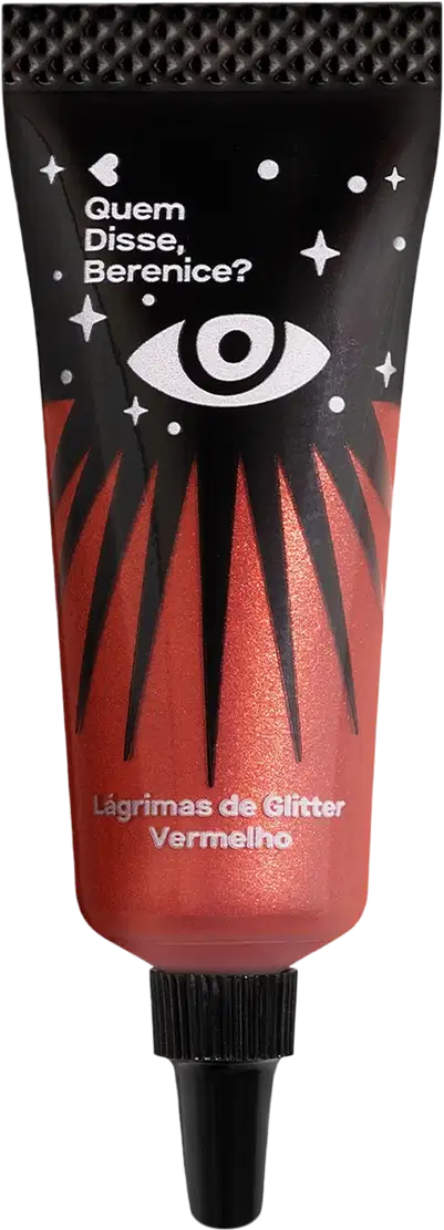 Imagem de uma bisnaga preta com estrelas e olho estampados, contendo texto "Quem Disse, Berenice?" e "Lágrimas de Glitter Vermelho" em letras brancas. Trata-se de um glitter multifuncional na cor vermelha.