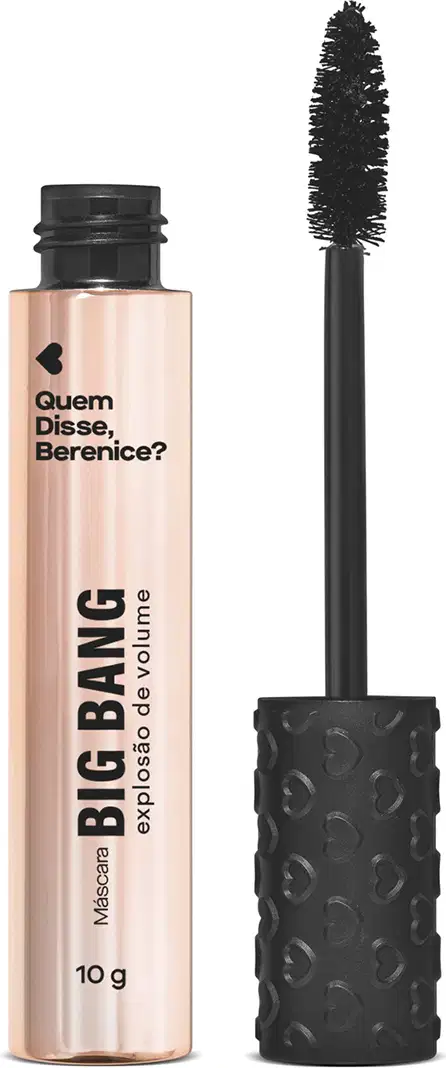 Máscara de cílios preta em tubo furta-cor, tampa preta com textura de corações, haste e aplicador pretos e letras da mesma cor da marca Big Bang Explosão de Volume Quem Disse, Berenice?