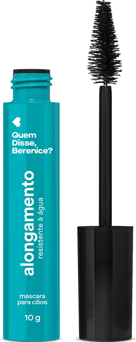 Frasco de máscara para cílios da marca Quem Disse, Berenice?, em tom de azul turquesa, com rótulo em letras brancas indicando função de alongamento dos cílios, acompanhado de um aplicador de formato cônico.
