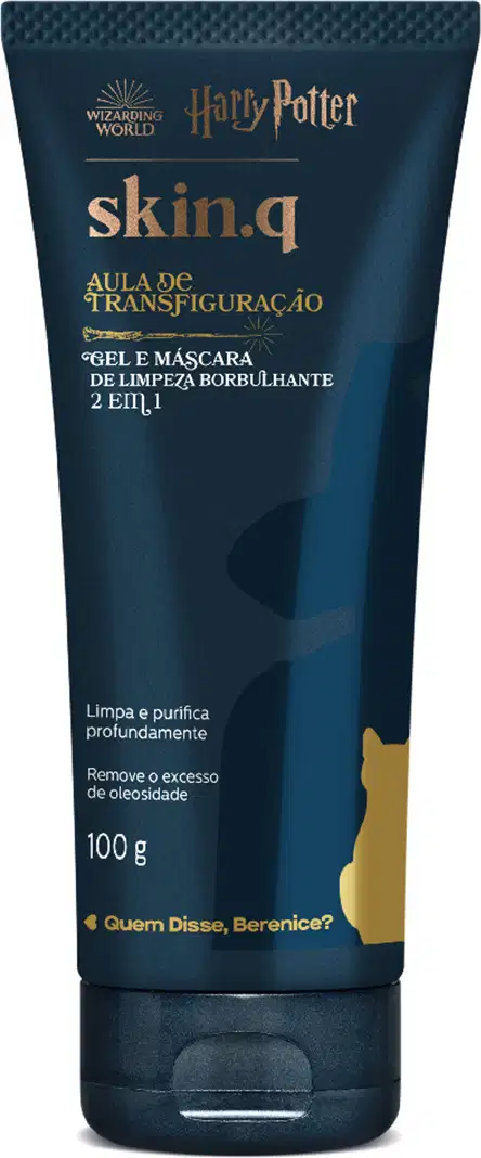 Gel e máscara de limpeza Borbulhante 2 em1 Skin q. Quem Disse Berenice? Harry Potter em bisnaga azul-marinho de 100g com letras na cor dourada e branca.