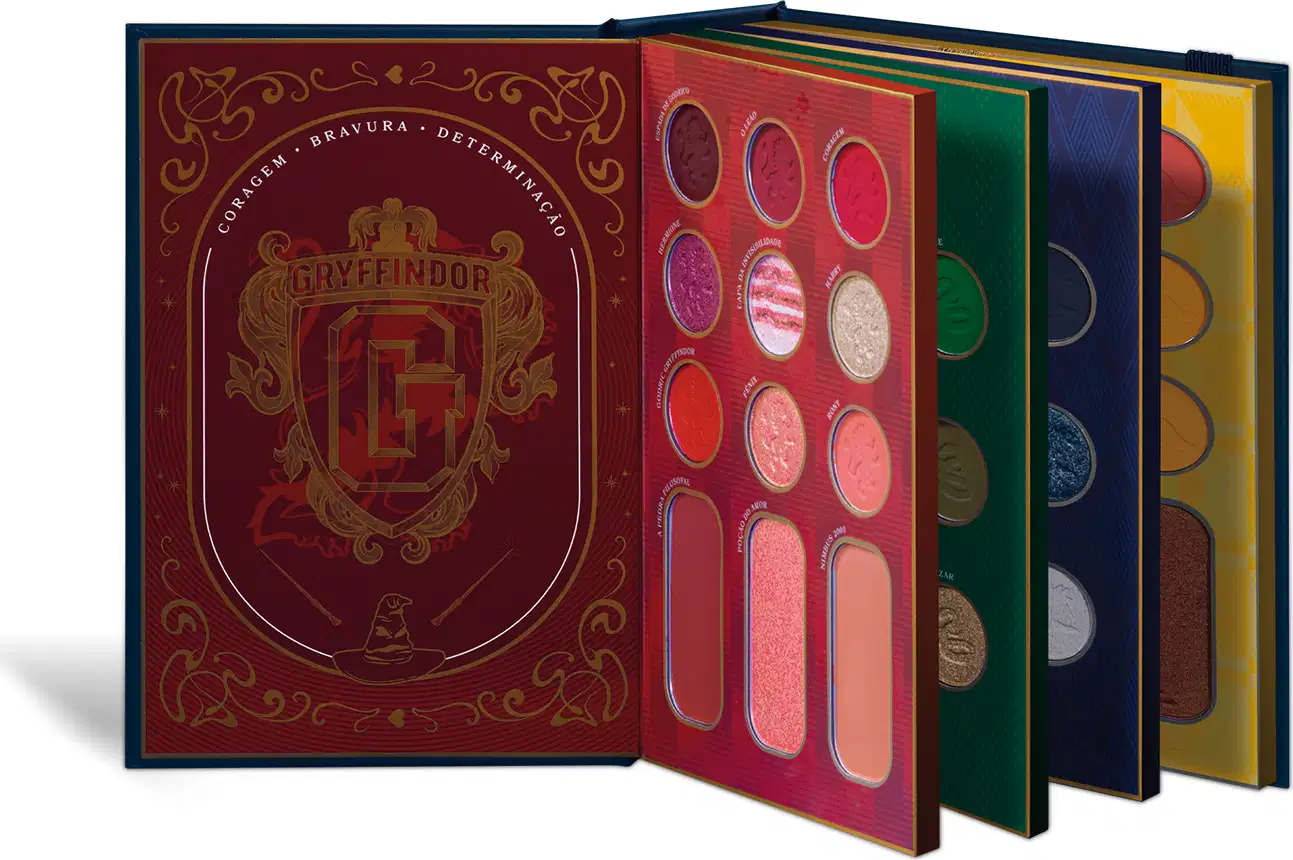 Paleta de maquiagem multifuncional Quem Harry Potter Disse, Berenice? em formato de livro na cor vinho com ilustrações em um tom mais claro e diversas cores diversificadas para todos os estilos de maquiagem.