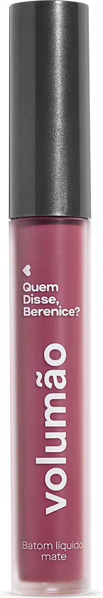 Frasco transparente com líquido roxo, tampa preta e letras brancas contendo 4ml de batom líquido Volumão Roxo Ameixali Quem Disse, Berenice?.