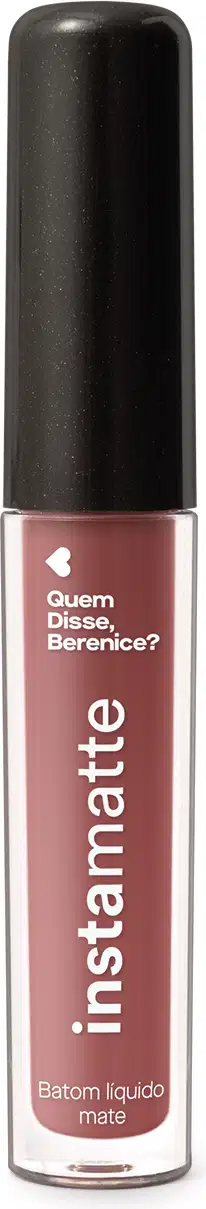 Frasco cilíndrico transparente com tampa preta e letras brancas contendo 4ml de batom líquido marrom Castanheli Instamatte Quem Disse Berenice?.