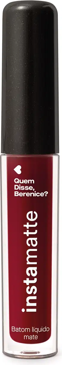Batom líquido vermelho Cerejali Instamatte da marca Quem Disse, Berenice? em embalagem transparente mostrando a tonalidade do produto e tampa preta.