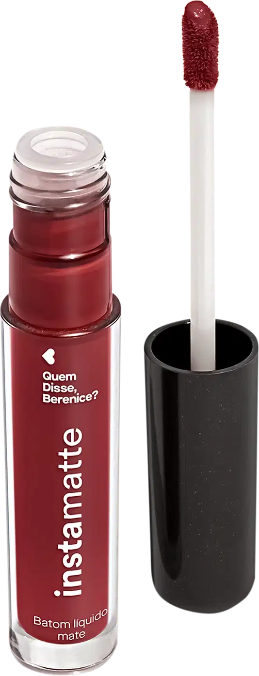 Batom líquido rosa Avelali Instamatte da marca Quem Disse, Berenice? em embalagem transparente mostrando a tonalidade do produto e tampa preta com haste branca e esponja aplicadora rosa.