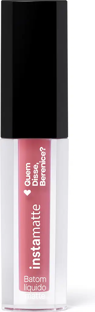 Batom líquido Rose Rosetali Instamatte Quem Disse, Berenice? em versão miniatura com embalagem transparente mostrando a cor do produto, letras brancas e tampa preta.
